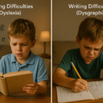 Side-by-side photo showing a young boy with reading difficulties related to dyslexia and another boy frustrated with writing, indicating dysgraphia.