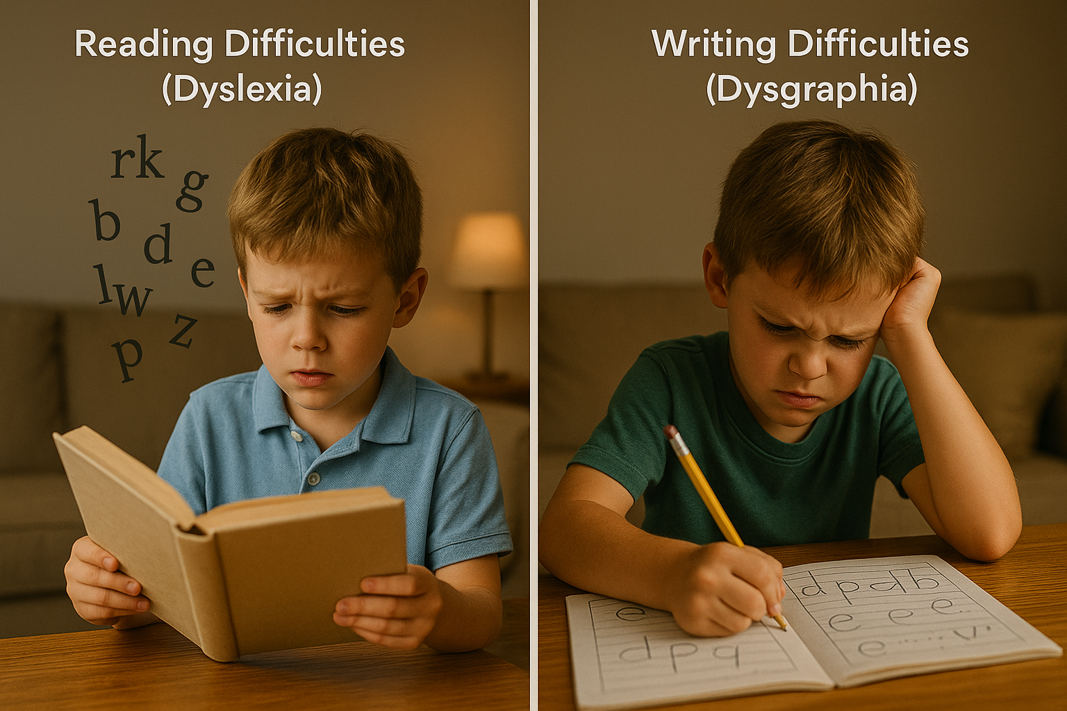 Side-by-side photo showing a young boy with reading difficulties related to dyslexia and another boy frustrated with writing, indicating dysgraphia.