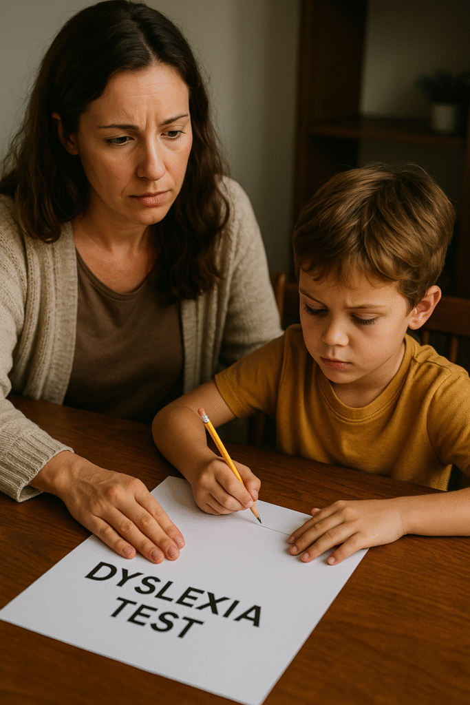 Mother and son working together during a dyslexia assessment, highlighting the supportive and calm evaluation process.