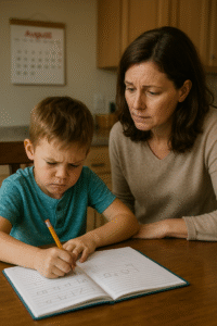 Mother watching her 6-year-old son struggle with handwriting in a workbook, showing early signs of dysgraphia before school starts.