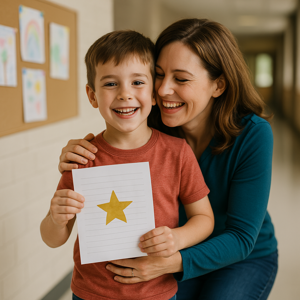 Young boy smiling proudly as he holds a paper with a gold star, embraced by his happy mother in a school hallway.
